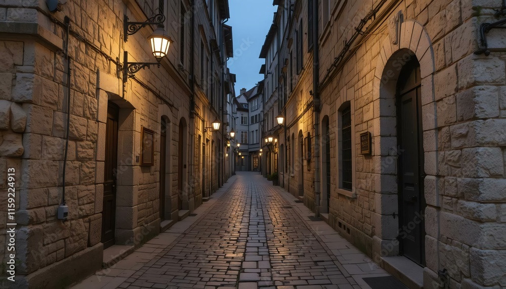 A historic cobblestone alleyway lined with old stone buildings, illuminated by soft lantern light. A historic cobblestone alleyway lined with old stone buildings, illuminated by soft lantern light.