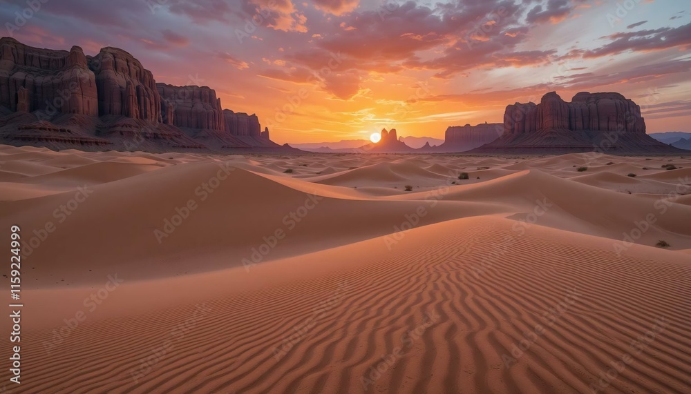 Fototapeta premium A desert landscape with towering sand dunes and ripples etched by the wind, under a vibrant sunset.