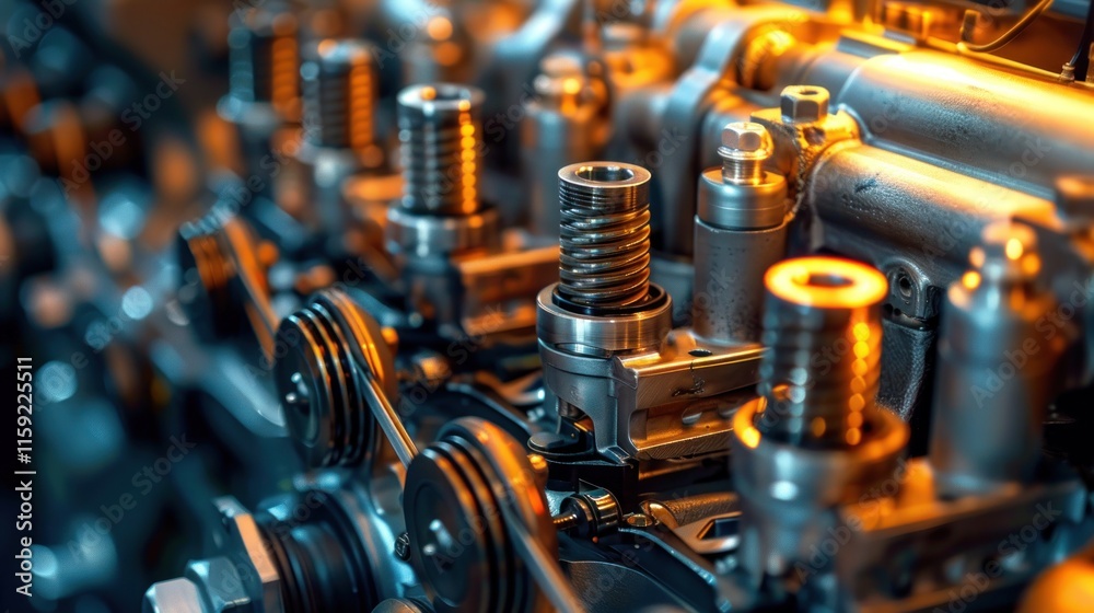 A detailed view of engine components, including pistons, valves, and camshafts,