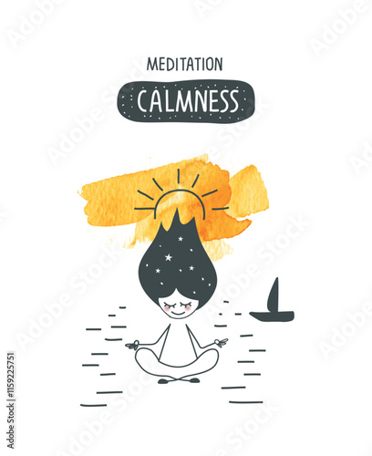 Vector hand drawn cartoon sketch of girl in pose of meditation in a state of calm.Ceate space of mindfulness, spirituality, awareness, balance and relaxation. Practicing meditation concept.