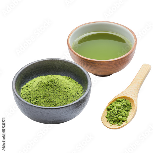 traditional Japanese tea set with matcha powder and green tea in bowls