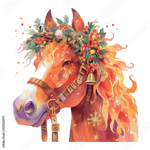 A horse with a wreath on its head and a bell around its neck. The horse is painted in a bright orange color, and the wreath and bell add a festive touch to the painting