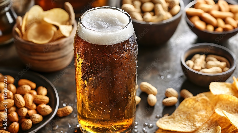 9. A beer bottle with condensation on a table surrounded by snacks like peanuts and chips 9. A beer bottle with condensation on a table surrounded by snacks like peanuts and chips
