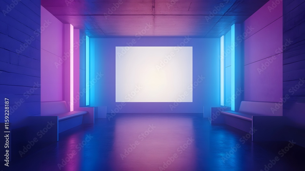 Neon Lit Modern Corridor with Blank Sign and Benches Neon Lit Modern Corridor with Blank Sign and Benches