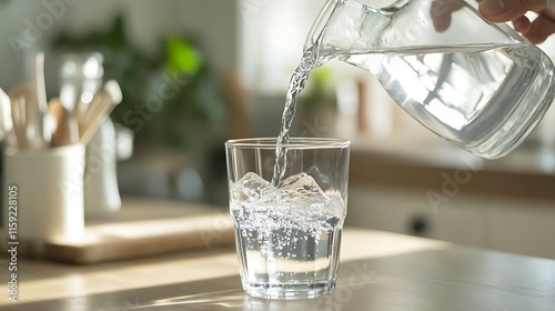 6. A transparent drinking glass being filled with water from a pouring jug in a bright kitchen photo