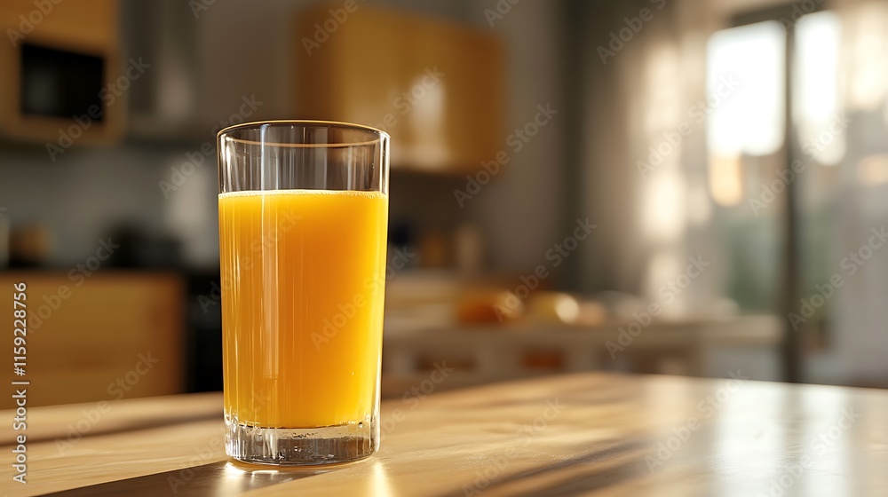 21. A drinking glass filled with orange juice on a breakfast table with a blurred kitchen in the background 21. A drinking glass filled with orange juice on a breakfast table with a blurred kitchen in the background
