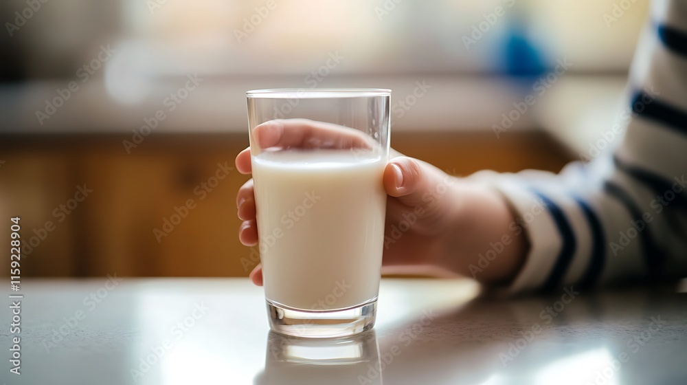 22. A child’s hand reaching for a drinking glass of milk sitting on a kitchen counter 22. A child’s hand reaching for a drinking glass of milk sitting on a kitchen counter