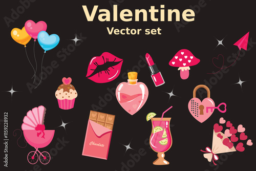 Saint Valentine's Day vector sticker elements set. Collection of cute groovy funky cartoon illustrations of romantic objects chocolate, balloon, love potion, heart, bouquet, 14 February design concept