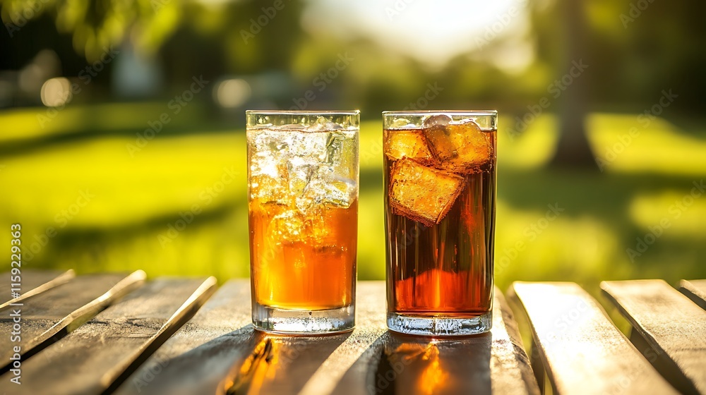 16. Two drinking glasses with chilled beverages side by side on a sunny outdoor picnic table 16. Two drinking glasses with chilled beverages side by side on a sunny outdoor picnic table