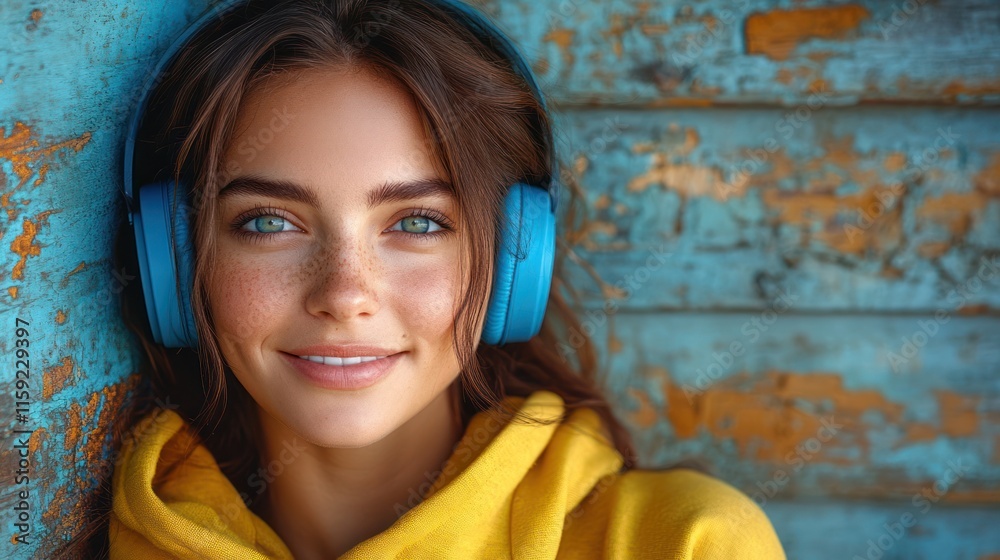 Smiling woman in yellow hoodie with blue headphones. Smiling woman in yellow hoodie with blue headphones.