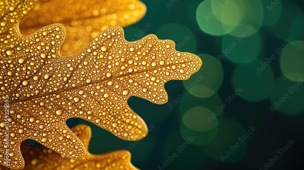Oak leaves abstract background idea. A close-up of a golden leaf adorned with dew drops against a blurred green backdrop. Oak leaves abstract background idea. A close-up of a golden leaf adorned with dew drops against a blurred green backdrop.