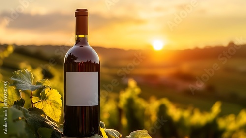 4. A single wine bottle with a clean label standing upright against a vineyard backdrop during sunset photo