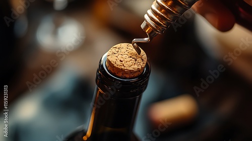 2. A close-up of a wine bottle being opened with a corkscrew, cork halfway out of the bottle neck