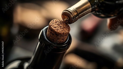 2. A close-up of a wine bottle being opened with a corkscrew, cork halfway out of the bottle neck
