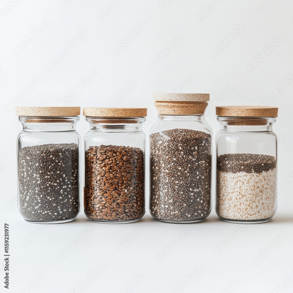 A creative arrangement of flaxseed and chia jars, eco-friendly storage idea, minimalist style, isolated on white background A creative arrangement of flaxseed and chia jars, eco-friendly storage idea, minimalist style, isolated on white background
