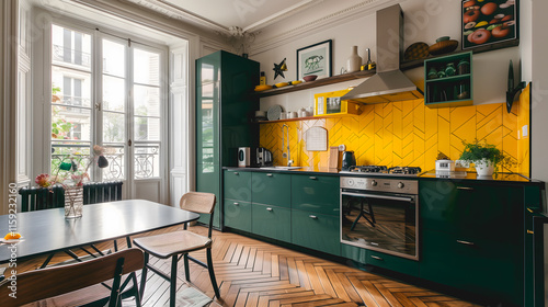 Cuisine chaleureuse avec armoires vertes, crédence jaune vif et coin repas intégré. photo