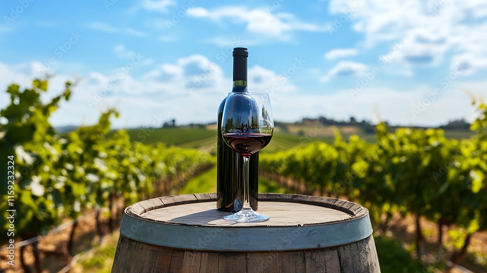 Naklejka premium 12. A wine bottle with an empty glass sitting on a wooden barrel in a vineyard under clear blue skies