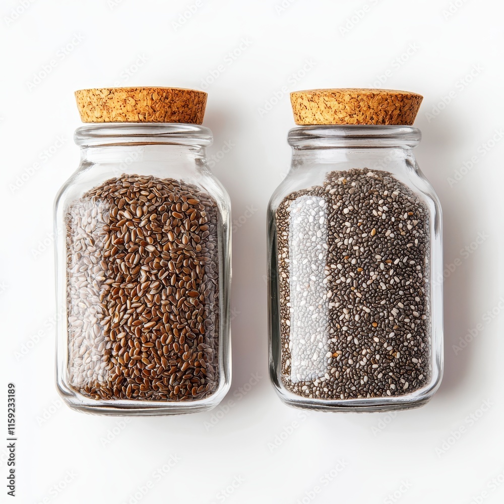 Flax and chia seeds in matching glass jars, organized and minimalist style, eco-conscious aesthetic, isolated on white background Flax and chia seeds in matching glass jars, organized and minimalist style, eco-conscious aesthetic, isolated on white background