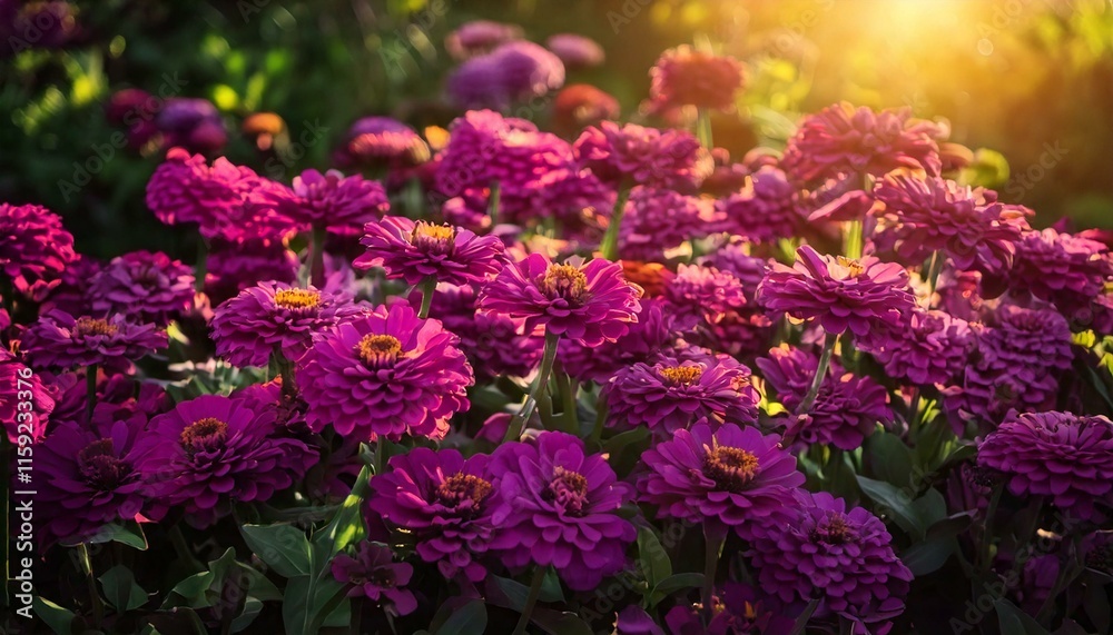 background of fresh dark purple zinnias with sunlight filtering through background of fresh dark purple zinnias with sunlight filtering through