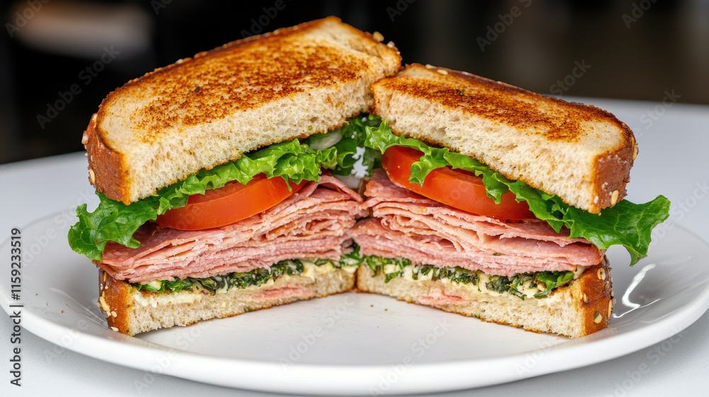 Hearty sandwich fresh lettuce, tomato, and deli meat layers for affordable food concept Hearty sandwich fresh lettuce, tomato, and deli meat layers for affordable food concept