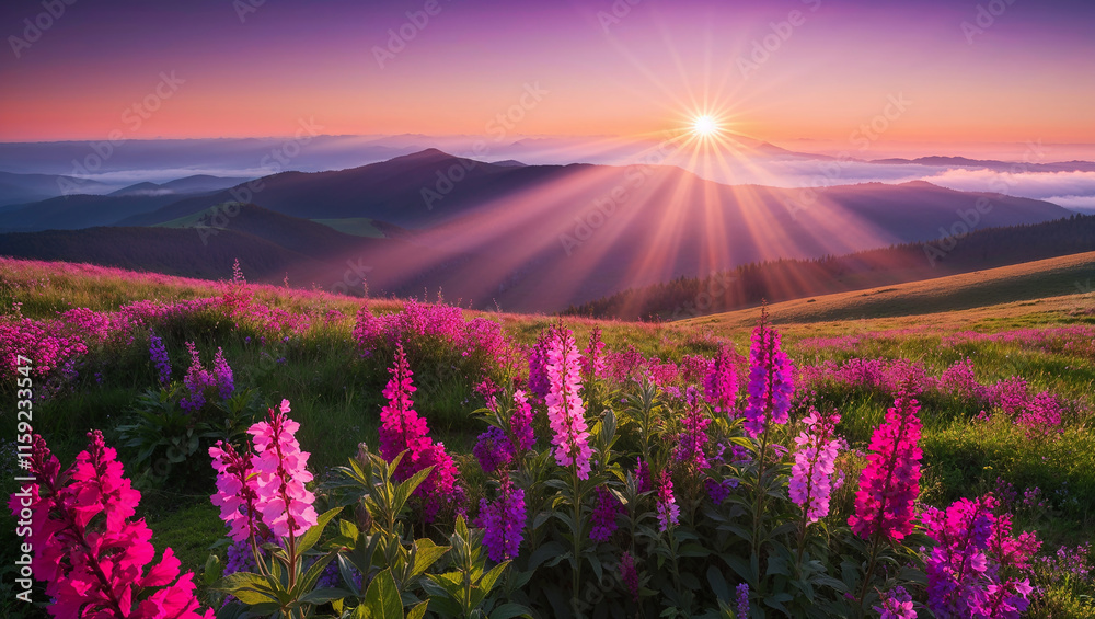 Obraz premium Majestic sunrise illuminating blooming fireweed in mountain meadow