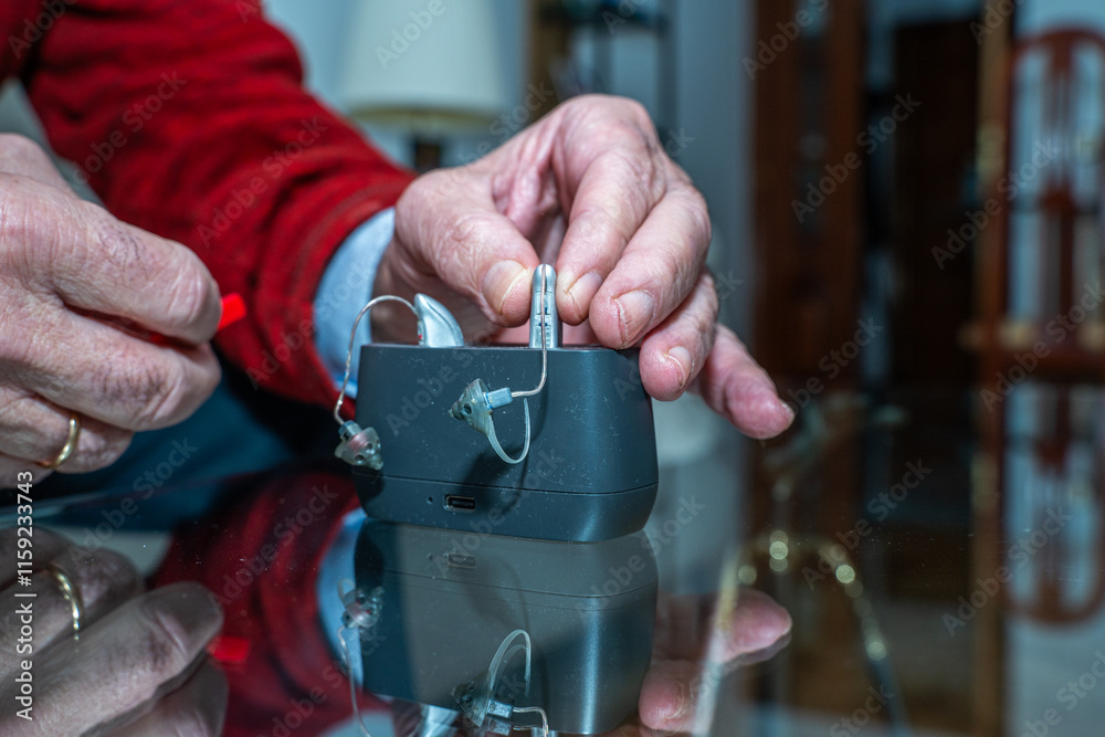 70-year-old man taking his hearing aids in his living room