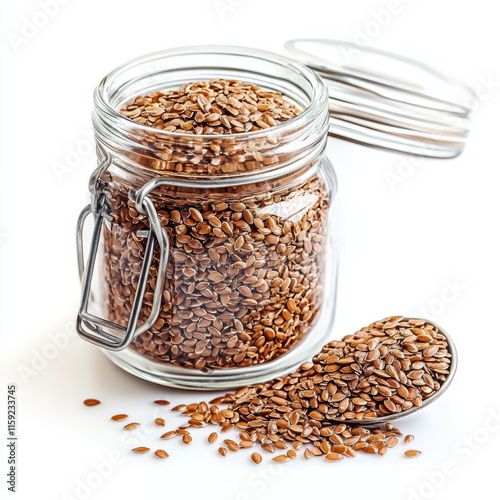 Flaxseeds in a glass jar, chic vegan ingredient storage idea, simple design, isolated on white background photo