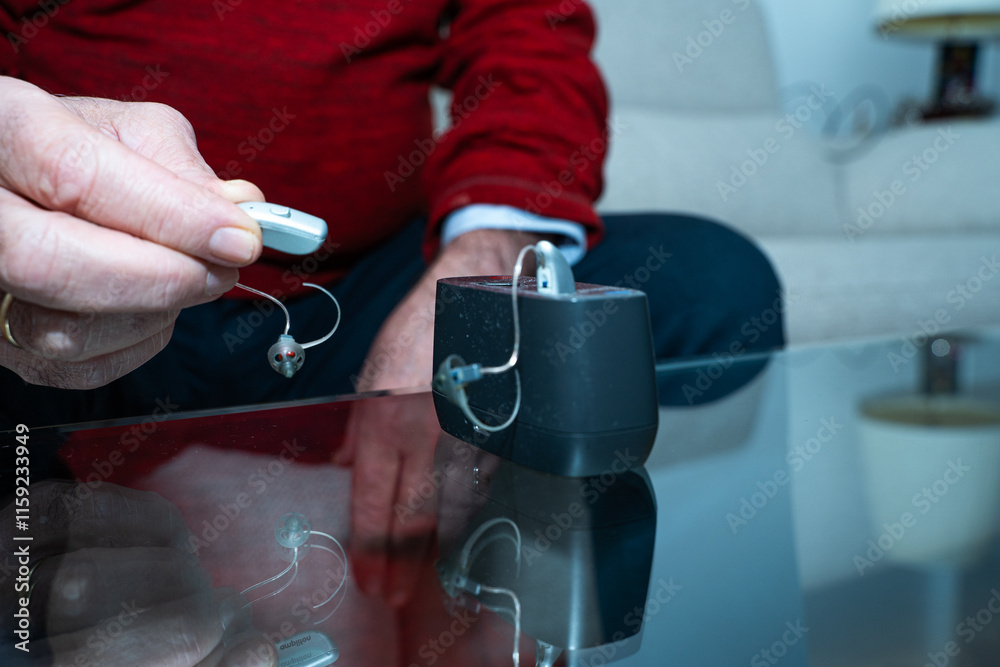 Grandfather taking hearing aids for his hearing impairment