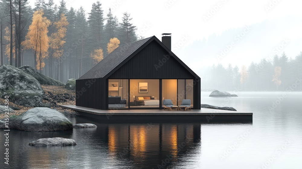 Fototapeta premium Modern black house by a serene lake surrounded by autumn trees.