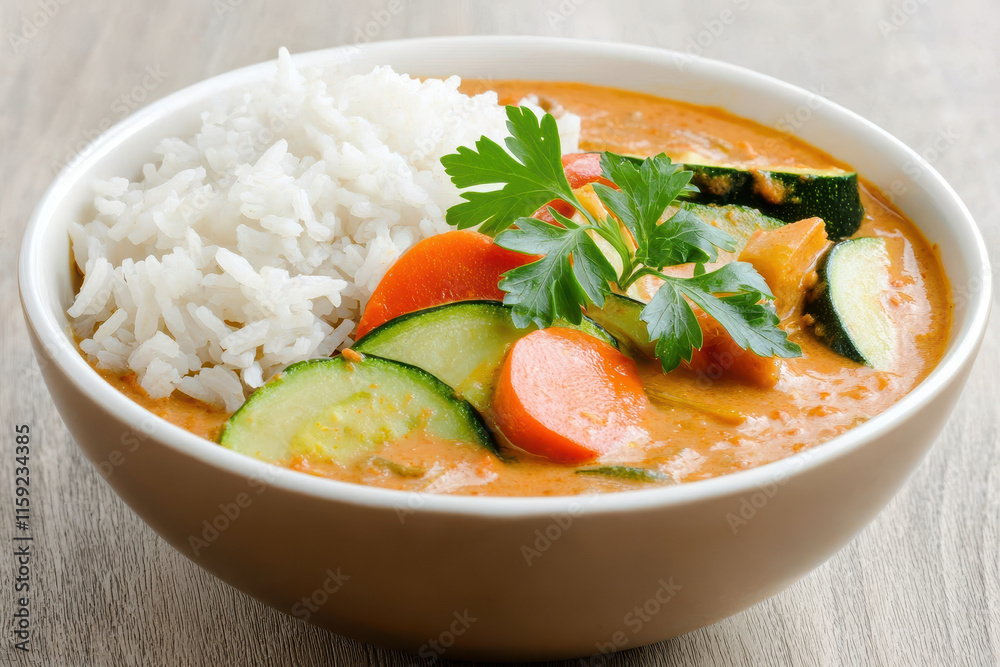 Hearty vegetable curry served rice and fresh herbs for affordable food concept Hearty vegetable curry served rice and fresh herbs for affordable food concept