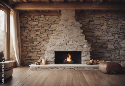 Front view of a natural stone wall in a house with the fireplace in front wooden beams and floors photo