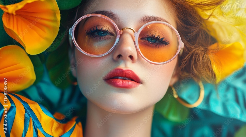 Fototapeta premium Close-up portrait of a woman with vibrant makeup and floral background