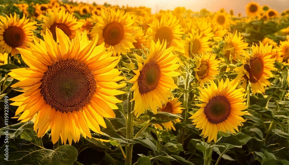 A high-resolution background of fresh sunflowers with sunlight filtering through A high-resolution background of fresh sunflowers with sunlight filtering through