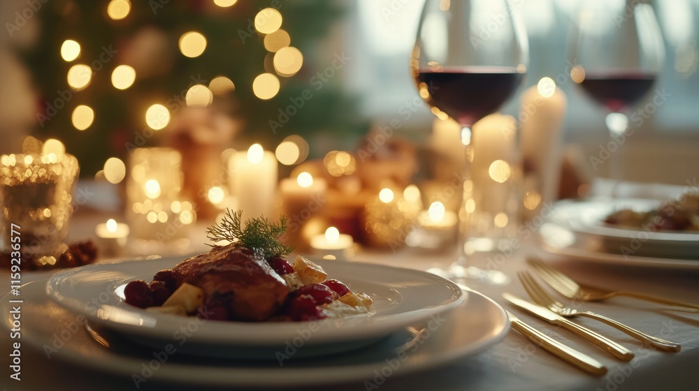 Luxurious dining table setting with gourmet dish and elegant ambiance during festive celebration in cozy atmosphere. Generative AI Luxurious dining table setting with gourmet dish and elegant ambiance during festive celebration in cozy atmosphere. Generative AI