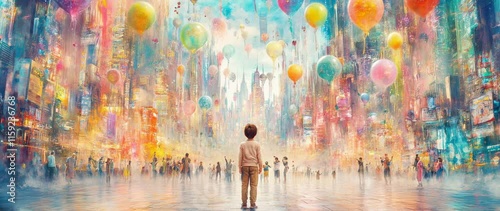 A child gazes in awe at a vibrant cityscape filled with colorful balloons and bustling crowds, capturing wonder and joy.