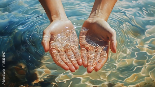 3. Hands gently cupping water with a soft reflection of the sky on the waterâ€™s surface photo