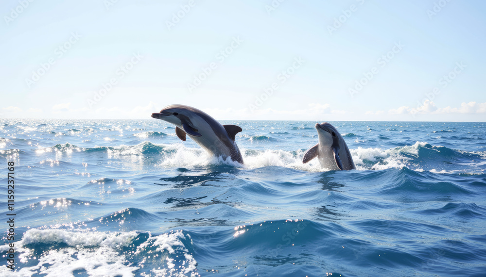 Fototapeta premium Dolphins jumping over ocean waves