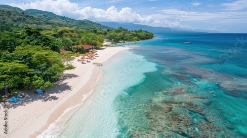 A luxurious white sand beach, with powdery soft sand and calm turquoise waters,