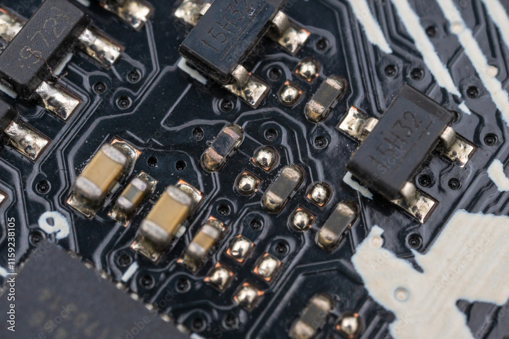 Component details of a computer motherboard. Component details of a computer motherboard.