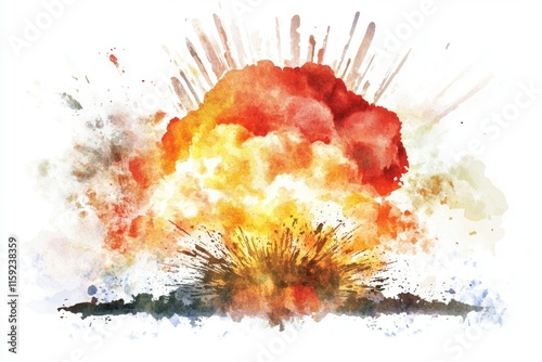 A dramatic scene of a massive explosion releasing thick clouds of red and yellow smoke photo