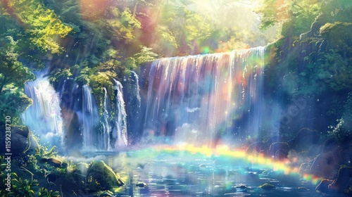 A magical waterfall with rainbow, formed in the mist as sunlight hits the cascading water,