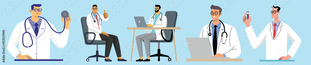 Illustrated doctors holding stethoscopes, laptops, and test tubes in a medical-themed concept. Vector Art & Illustration Illustrated doctors holding stethoscopes, laptops, and test tubes in a medical-themed concept. Vector Art & Illustration