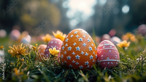 Decorated Easter eggs on a lush green grassy field, great for spring or holiday themes photo