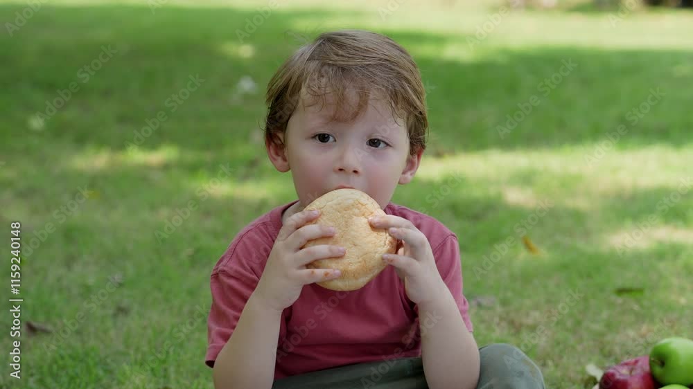 Charming boy smiling and playful eating bread bun. Charming boy smiling and playful eating bread bun.