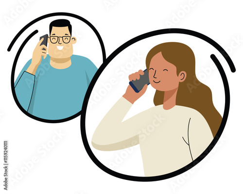 Cartoon-style man and woman talking on mobile phones. Vector Art & Illustration