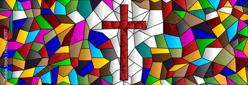 Cross with pieces of glass in different colors on a white background. 
