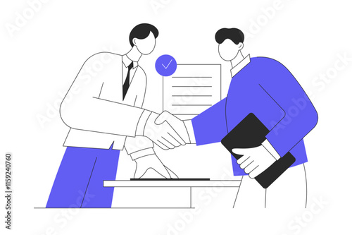 Agreement or signing paper and digital contract. Businessman sign contract. Entrepreneurs making deal. Handshake. Flat Cartoon Vector Illustration, icon. Stylish abstract Blue 