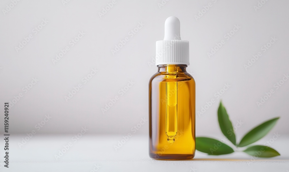 Clear Glass Bottle of Face Oil with Light Reflections and Green Leaf on White Surface for Skincare and Beauty Product Photography