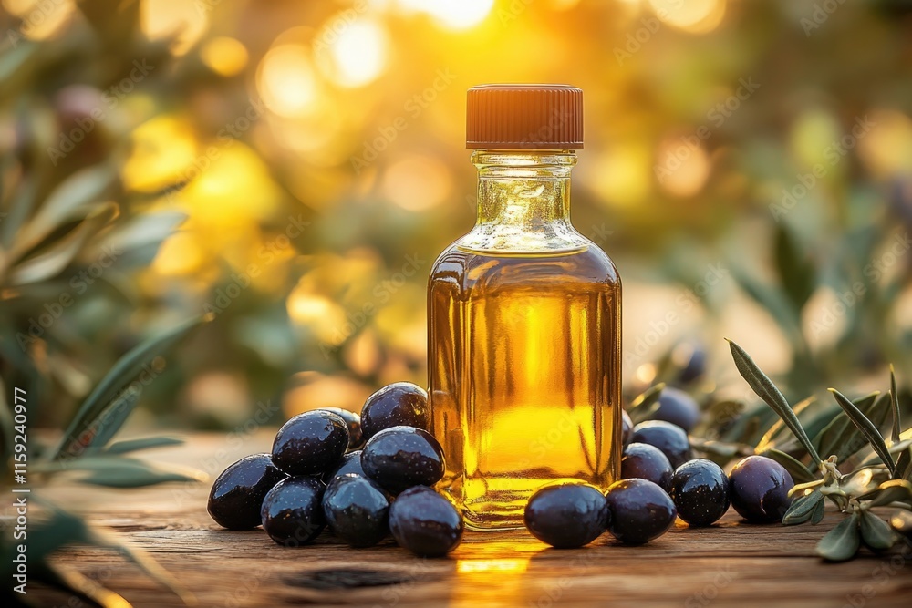 A bottle of olive oil placed next to some olives A bottle of olive oil placed next to some olives