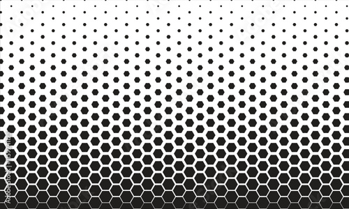 Black and White Pattern: Hexagon Gradient Background. It's composed of a gradient of black hexagonal shapes fading into white, creating a visual depth and texture. 